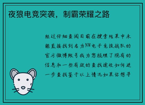 夜狼电竞突袭，制霸荣耀之路